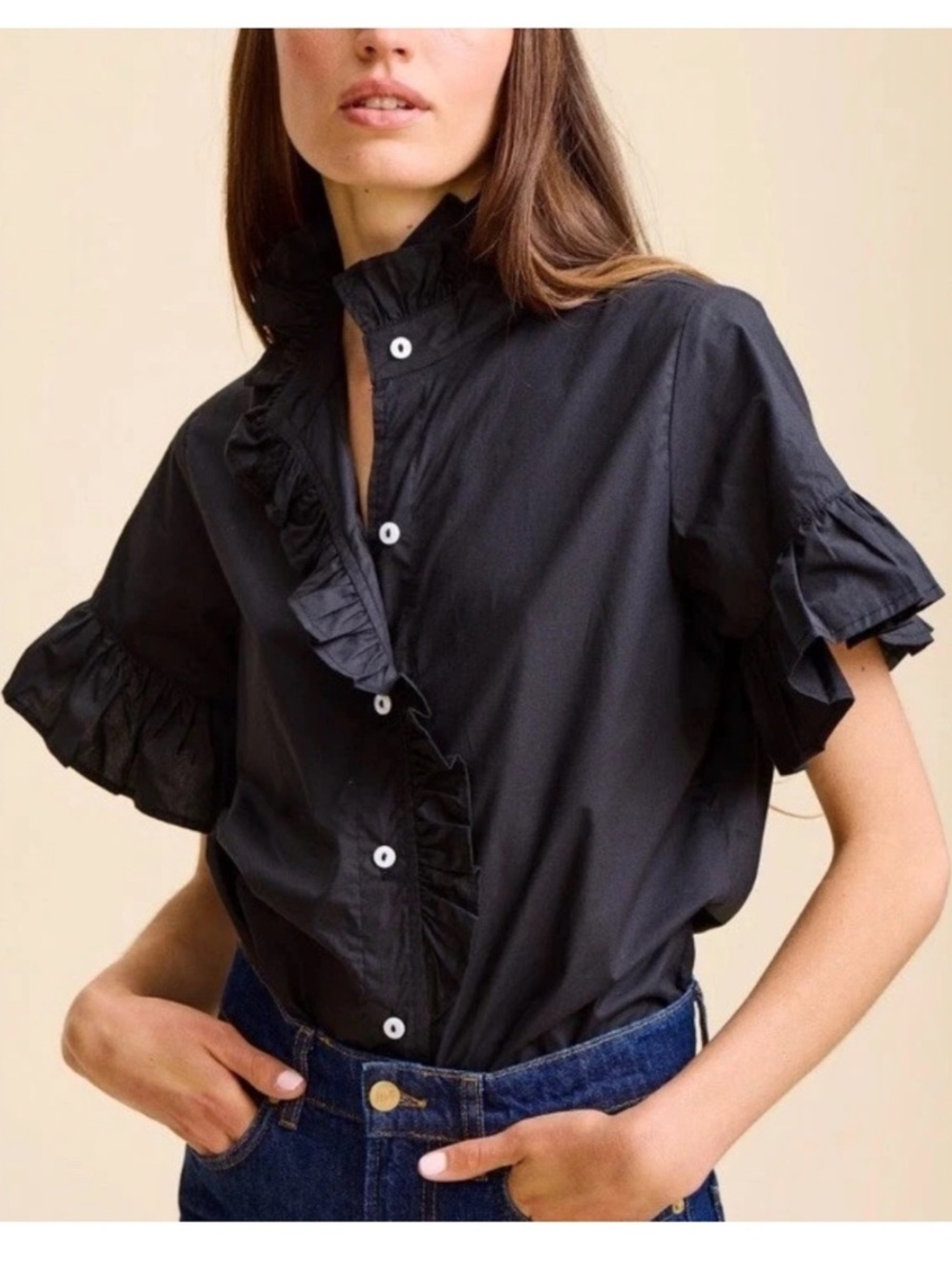MILLE Vanessa Top Black Ruffle Sleeve Front Detail Short-Sleeve Cotton Blouse LG